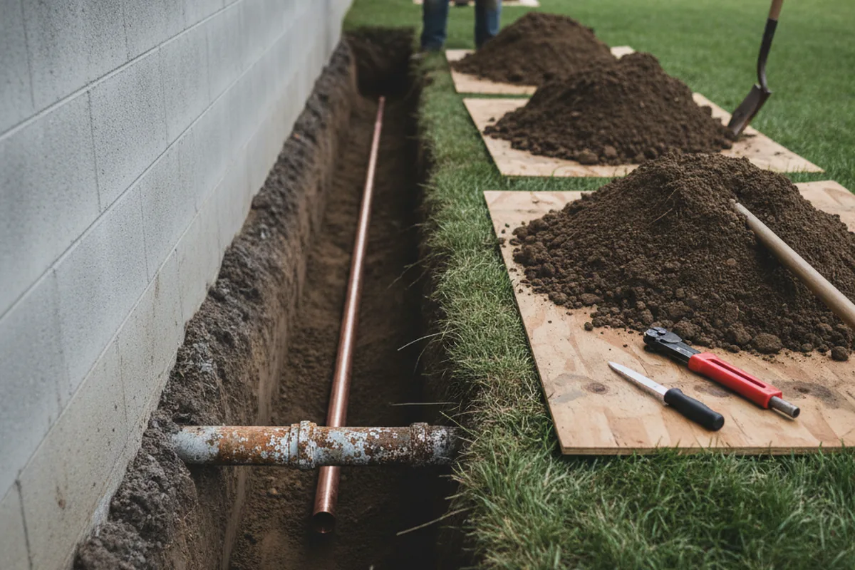 Excavated water line trench during Sewer Line Repair in Bessemer